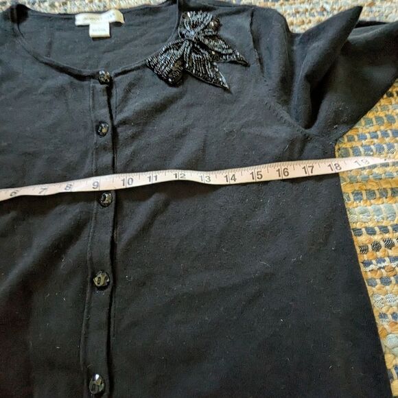 August Silk Dainty Beaded Bow Button Up Black Cardigan Sweater Large 3/4… - Picture 6 of 7
